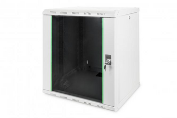 Armário rack de parede 12U (600x450mm) Digitus DN-1912-U (Série Unique). Carga 100kg, porta de vidro, painéis laterais amovíveis. Cinzento (RAL 7035). Entregue montado. - DN-1912-U