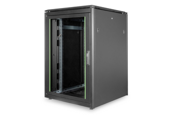 Bastidor rack 22U (800x800mm) Digitus DN-19 22U-8/8-B-1 (Série Unique). Carga 1200kg, gestão cabos vertical, porta traseira dupla. Entregue montado. Preto. - DN-1922U-8/8-B-1