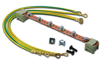 Barra de equipotencial (terra) Digitus DN-19 EARTH. 220mm, 6 pontos de ligação. Inclui 4 cabos de terra (4mm / 40cm) e material de fixação M6. Cobre. - DN-19EARTH