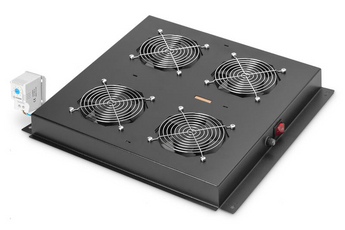 Ventilação de teto Digitus DN-19 FAN-4-B-N. Com 4 ventiladores (9.2 m³/min), termostato ajustável e cor preta (RAL 9005). Compatível com séries Unique, Varioflex-N e Dynamic Basic. - DN-19FAN-4-B-N