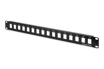 Patch panel modular 1U (DN-91400) da Digitus. Vazio, para 16 módulos keystone (não blindados). Design de fila dupla. Aço 1.5mm, Preto (RAL 9005). - DN-91400