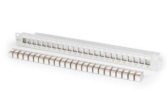 Painel patch de 24 portas da Digitus, já equipado com 24 módulos keystone Cat6A blindados (DN-93615). Uma solução "tudo-em-um" para instalações 10GbE. - DN-91410-24