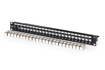 Painel patch de 24 portas da Digitus, já equipado com 24 módulos keystone Cat6A blindados (DN-93615). Uma solução "tudo-em-um" para instalações 10GbE. - DN-91411-24