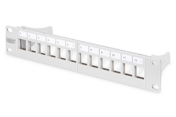 Patch panel modular e blindado de 12 portas para bastidores de 10". Ideal para keystone jacks Cat6A e outros. Crie uma terminação de rede limpa e flexível. - DN-91419
