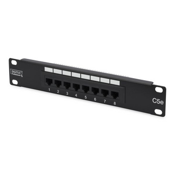Patch panel 1U de 10 polegadas Digitus DN-91508U. 8 portas RJ45 CAT 5e (não blindado), para terminação LSA (Krone). Ideal para armários SOHO de 10". Preto RAL 9005. - DN-91508U