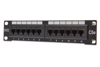 Patch panel 1U de 10 polegadas Digitus DN-91512U. 8 portas RJ45 CAT 5e (Blindado), terminação LSA e 360º de cobertura. Ideal para armários SOHO 10". Preto RAL 9005. - DN-91512U