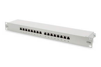 Patch Panel Digitus CAT 5e (Classe D), 16 portas RJ45 blindadas (shielded). Terminais LSA Krone, 1U para montagem em rack 19". Ideal para redes até 100 MHz. - DN-91516S