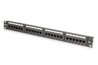 Painel patch de 24 portas RJ45 de Categoria 6 (Classe E) da Digitus. Ideal para cablagem não blindada (UTP) em bastidores de 19", com ligação por LSA. - DN-91624U-CR