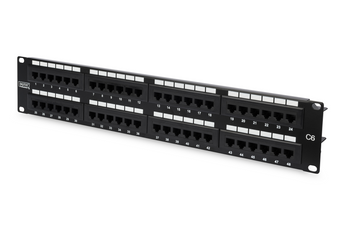 Patch panel 2U 19" da Digitus (DN-91648U). 48 portas RJ45 CAT 6 (não blindado, U/UTP), para terminação LSA. Para 1GbE/PoE (250MHz). Preto. - DN-91648U