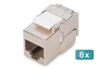 Pack de 8 módulos keystone blindados de Cat 6A da Digitus (DN-93615-S-8). Com ligação LSA sem ferramentas ("tool-free"), são ideais para redes 10GbE e PoE++. - DN-93615-S-8