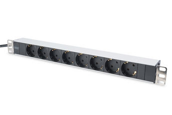 PDU de alumínio 1U, montável em bastidor, com 8 tomadas de segurança 16A, 4000W, 250VAC 50/60Hz. - DN-95401
