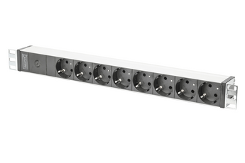 PDU profissional da Digitus para bastidores de 19". Oferece 8 tomadas Schuko, entrada flexível IEC C14 e proteção com fusível integrado. Capacidade de 10A. - DN-95410