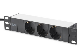 Régua de tomadas PDU 1U (10") Digitus DN-95411. 3 tomadas Schuko (CEE 7/3) a 35°. 16A/4000W, perfil de alumínio. Cabo de 2m (CEE 7/7). - DN-95411