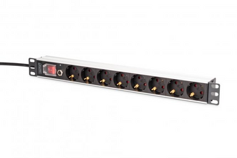 Régua de tomadas (PDU) de 1U para bastidores de 19" da Digitus. Com 8 tomadas Schuko a 45° e proteção contra sobrecarga para máxima segurança. - DN-95436