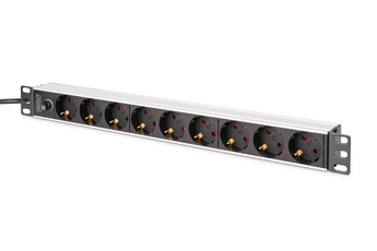 Régua de tomadas (PDU) de 1U para bastidores de 19" da Digitus. Com 9 tomadas Schuko a 45°, fusível de proteção e cabo de 2m com ficha IEC C14. - DN-95437