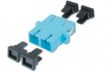 Acoplador de fibra ótica SC/SC Duplex (DN-96005-1) da Digitus. Norma OM3 (Aqua). Manga de cerâmica (zircónia) para alinhamento preciso. Inclui parafusos. - DN-96005-1