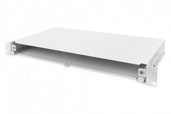 Caixa de emenda de fibra ótica 1U (DN-96200-QL) da Digitus. Sistema "Quick Lock" (sem parafusos), gaveta deslizante, vazia (sem painel frontal). Cinzento (RAL 7035). - DN-96200-QL