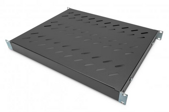 Prateleira fixa 1U para armários de 600mm (DN-97645). Calhas ajustáveis (350-550mm), fixação em 4 pontos. Suporta 50kg. Aço perfurado preto. - DN-97645