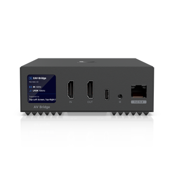Transcetor Ubiquiti Enterprise AV (EAV-BRIDGE). Transmita vídeo 4K60 via HDMI e áudio profissional XLR através da sua rede IP. Alimentação PoE+ e ecrã tátil.