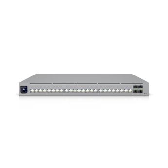 Ubiquiti UniFi ECS-24S: switch Enterprise L3 24 portas, 8×2.5GbE + 16×10GbE + 4×25G + 2×100G, 460 Gbps, Stacking, PSU dupla hot-swap, Etherlighting™, perfis Pro AV.