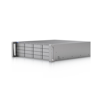 NAS Empresarial Ubiquiti ENAS de montagem em rack (3U). Suporta 16 discos SATA, 2 SSDs M.2 NVMe, interfaces duplas 25G SFP28, 10GbE e fontes redundantes.