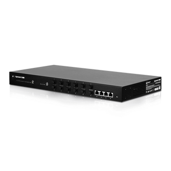 For fiber connectivity, it features 12 SFP ports, eight of which also support 100 Mbps. For copper connectivity, the EdgeSwitch Fiber offers four Gigabit RJ45 ports. - ES-12F