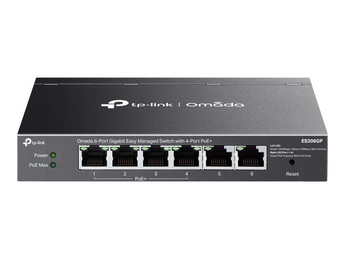 TP-Link Omada ES206GP. Switch Smart Gigabit 6 Portas. 4x Portas PoE+ (65W). Alcance PoE 250m. PoE Auto Recovery. Fanless (Silencioso). Gestão Omada SDN. - ES206GP