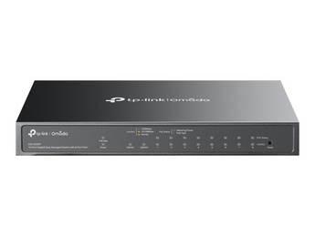 TP-Link Omada ES210GMP. Switch Smart Gigabit de 10 Portas. 8x PoE+ (123W) + 1x Uplink + 1x Combo SFP. Gestão Cloud Omada. PoE Auto Recovery e Alcance 250m. - ES210GMP
