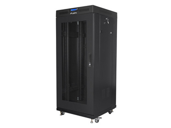 Armário bastidor de chão Lanberg 27U (600x600mm) fornecido JÁ MONTADO. Portas perfuradas, ecrã LCD com termóstato, painel de ventilação e carga até 1200 kg. - FA01-6627-23BL