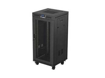 Armário bastidor de chão Lanberg 24U (600x600mm) Flat Pack. Portas com perfuração superior a 60%, ecrã LCD com termóstato, ventilação e carga até 1200 kg. - FF01-6624-23BL
