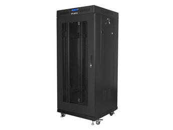 Armário bastidor de chão Lanberg 27U (600x600mm). Portas perfuradas de folha única, ecrã LCD com termóstato, painel de ventilação e carga até 1200 kg. - FF01-6627-23BL
