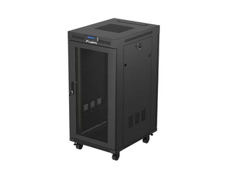Armário bastidor de chão Lanberg 24U (600x800mm) Flat Pack. Portas com perfuração superior a 75%, LCD com termóstato, 4 ventiladores e carga até 1200 kg. - FF01-6824-23BL
