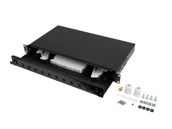 Distribuidor de fibra ótica 1U 19" da Lanberg (FOP1-12SS-LDB). Gaveta deslizante (extração), 12 portas híbridas (SC Simplex / LC Duplex) e tabuleiro de emenda incluído. Cor Preto (RAL9004). - FOP1-12SS-LDB