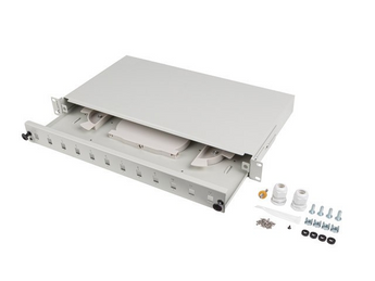 Gaveta de fibra ótica 1U 19" da Lanberg (FOP1-12SS-LDS). Gaveta deslizante (extração), 12 portas híbridas (SC Simplex / LC Duplex) e tabuleiro de emenda incluído. Cor Cinzento (RAL7035). - FOP1-12SS-LDS