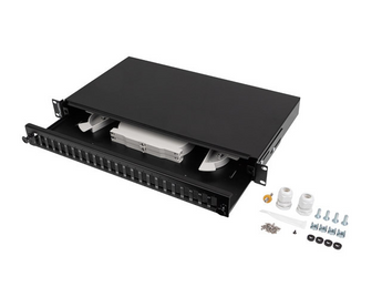Distribuidor Ótico (D.O.) Lanberg 1U 19" para 24 portas SC Duplex ou LC Quad. Design deslizante (gaveta) com 2 cassetes de fusão incluídas. - FOP1-24SD-LQB