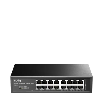 Cudy FS1016: switch de 16 portas 10/100 Mbps, modos VLAN e Extend até 250 m a 10 Mbps. Caixa metálica, instalação em secretária ou rack.