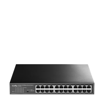 Cudy FS1024: 24 portas Fast Ethernet 10/100 Mbps, modos VLAN e Extend até 250 m a 10 Mbps. Sem ventoinha, para secretária ou rack.