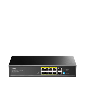 Cudy GS1010PE: oito portas Gigabit PoE+, dois uplinks e fonte de 120 W. Modos Extend, VLAN e Watchdog. Instalação em secretária ou rack.