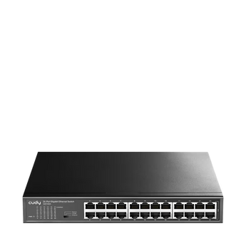 Cudy GS1024 5.0: switch de 24 portas Gigabit, VLAN, Extend até 250 m a 10 Mbps e caixa metálica sem ventoinha. Montagem em bastidor.