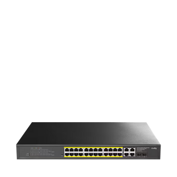 Cudy GS1028EPS2: 24 portas Gigabit PoE+, dois uplinks Gigabit e dois combo RJ45/SFP. Fonte de 300 W, VLAN, QoS e gestão web, app e SNMP.