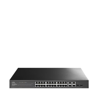 Cudy GS1028ES2: 26 portas Gigabit e 2 combo RJ45/SFP, gestão web e SNMP, VLAN, QoS e agregação estática. Instalação em rack ou secretária.