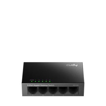 Cudy GS105 5.0: switch de 5 portas Gigabit, caixa metálica, IGMP Snooping e consumo máximo de 1,2 W. Instalação em secretária ou parede.