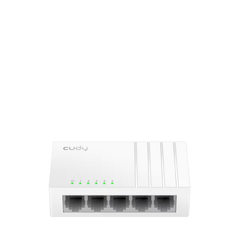 Cudy GS105U 3.0: mini switch de cinco portas Gigabit, alimentação USB-C e IGMP Snooping. Consumo máximo de 1,2 W. Instalação em secretária ou parede.