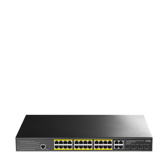 Cudy GS2028PS4-300W: 24 portas Gigabit PoE e 4 combo RJ45/SFP, fonte de 300 W, gestão L2, VLAN, LACP e SNMP. Para rack ou secretária.