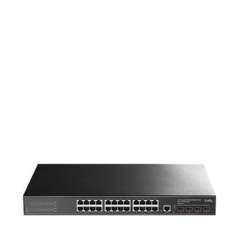 Cudy GS5024S4: switch L3 com 24 portas Gigabit, 4 SFP+ 10G, refrigeração sem ventoinhas, VLAN, LACP, RIP, OSPF e gestão SNMP V3.