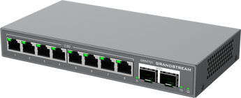 Switch gerido L2-Lite da Grandstream com 8 portas 2.5G e 2 uplinks 10G SFP+. O GWN7721 é ideal para redes de alta velocidade e é gerível na nuvem via GDMS. - GWN7721