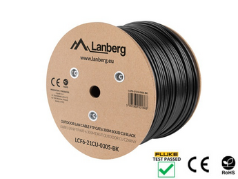 Bobine de 305m de cabo de rede Cat. 6 F/UTP (100% Cobre) Lanberg. Condutor sólido AWG 23 e revestimento PE resistente a UV. Ideal para instalação exterior. - LCF6-21CU-0305-BK