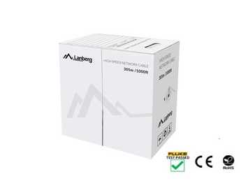 Cabo de instalação Lanberg LCU6-12CU-0305-S. Cat 6 U/UTP (250MHz) para redes Gigabit. 305m, 100% Cobre (AWG 24), PVC. Cinzento. Fluke Passed. - LCU6-12CU-0305-S