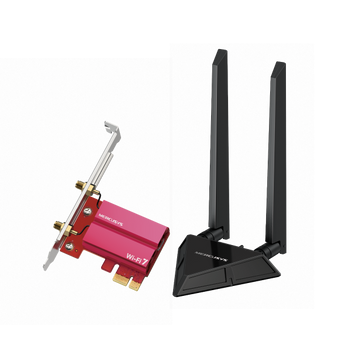 Mercusys MA49BE. Adaptador PCIe Wi-Fi 7 Tri-Band (BE9300). Velocidade até 5765 Mbps (6GHz). Bluetooth 5.4. Base de antena magnética. WPA3. ATENÇÃO: Compatível apenas com PCs Intel. - MA49BE