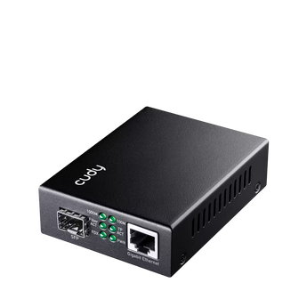 Cudy MC220 2.0: conversor Gigabit RJ45 para SFP 1,25G, com LFP, FEF, jumbo frames 16 KB e caixa metálica. Adaptador incluído.
